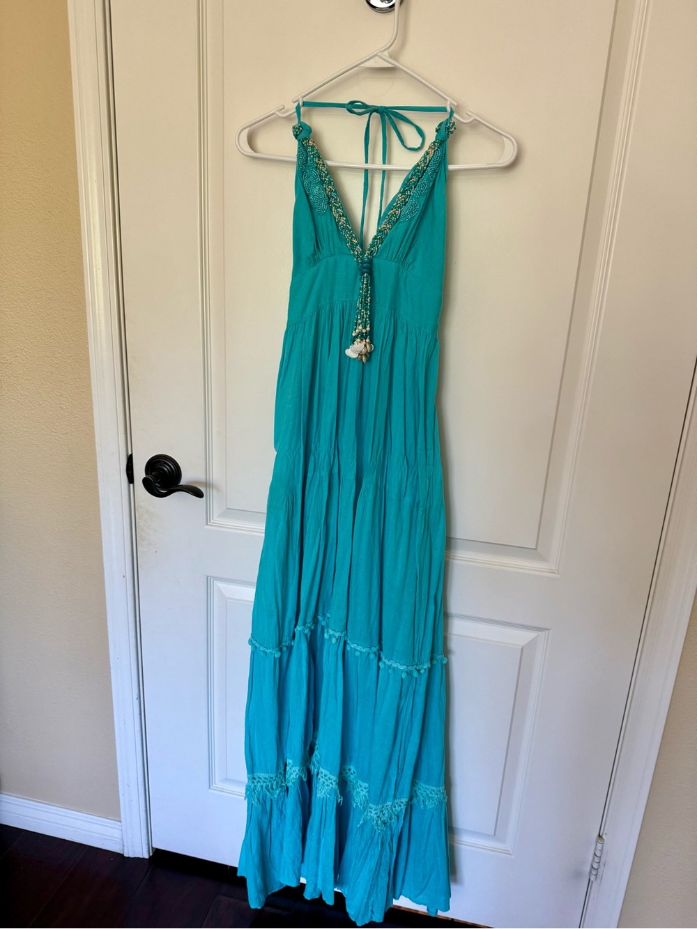 Women's Teal Halter Maxi Dress with Crochet Trim